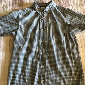 Columbia button green, blue and tan plaid shirt